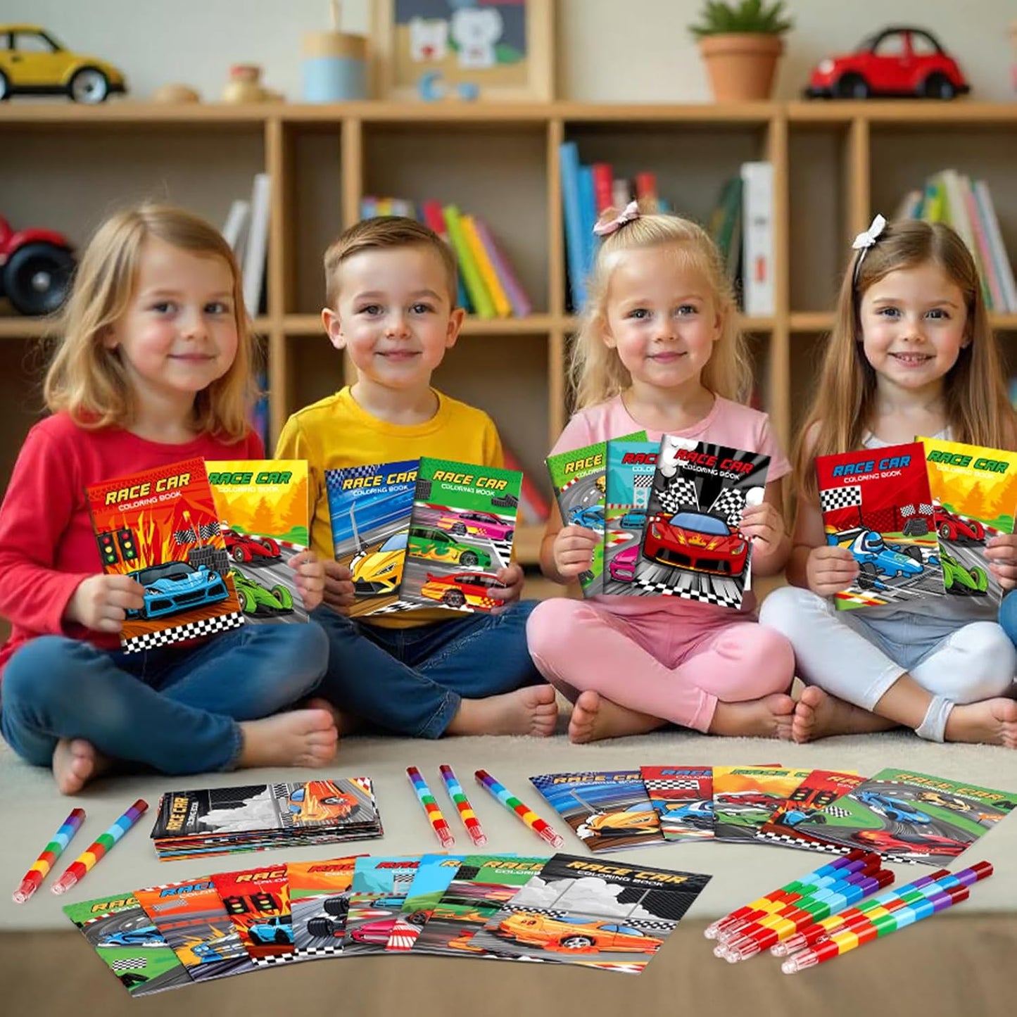 BenLouis 12 Race Car Mini Coloring Books Kids with 12 Stacking Crayons Racing Theme Party Favors Small Activity Books Bulk for Kids Fast Racecar Wheel Birthday Party Gift Goodie Bag Stuffers