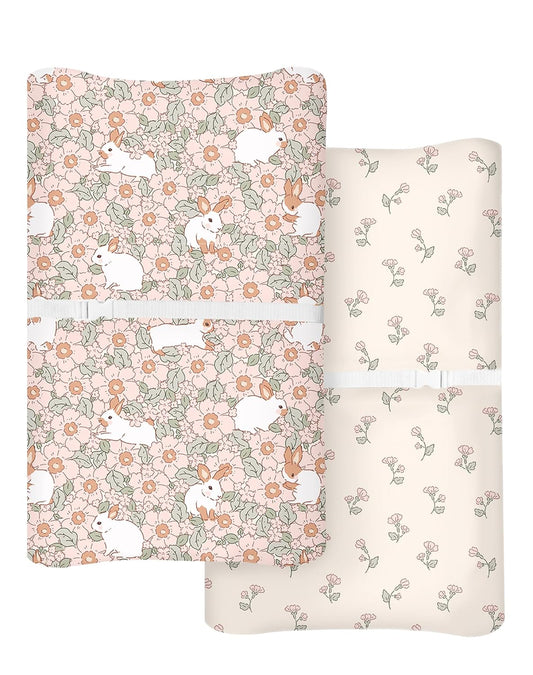 Changing Pad Cover for Baby Boys Girls 2 Pack, Fits Standard 32”×16” Changing Table Pads, Silky Breathable Stretch Knit, Machine Washable (Bunny Garden)