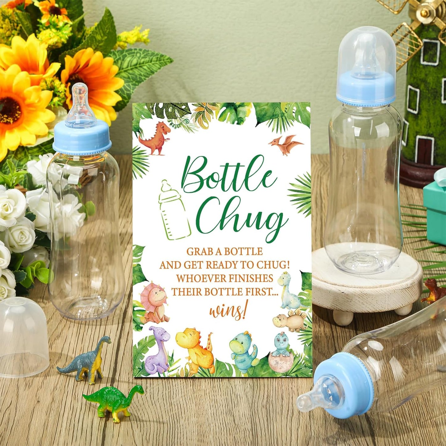 TrelaCo Dinosaur Cool Baby Shower Games Bottle Chug Sign Wooden Green Leaf Gift Sets Gender Reveal Party Favors and 12 Pcs Baby Bottle Shower Favor for Game Gender Reveal