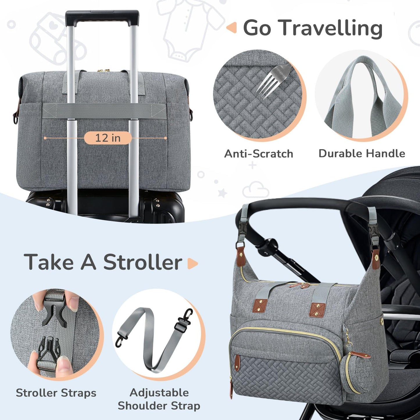 Diaper Bag Tote, Baby Bag Travel Diaper Tote Bag with Pacifier Case, Cute Maternity Hospital Baby Stylish Diaper Tote for Mom Dad Grey