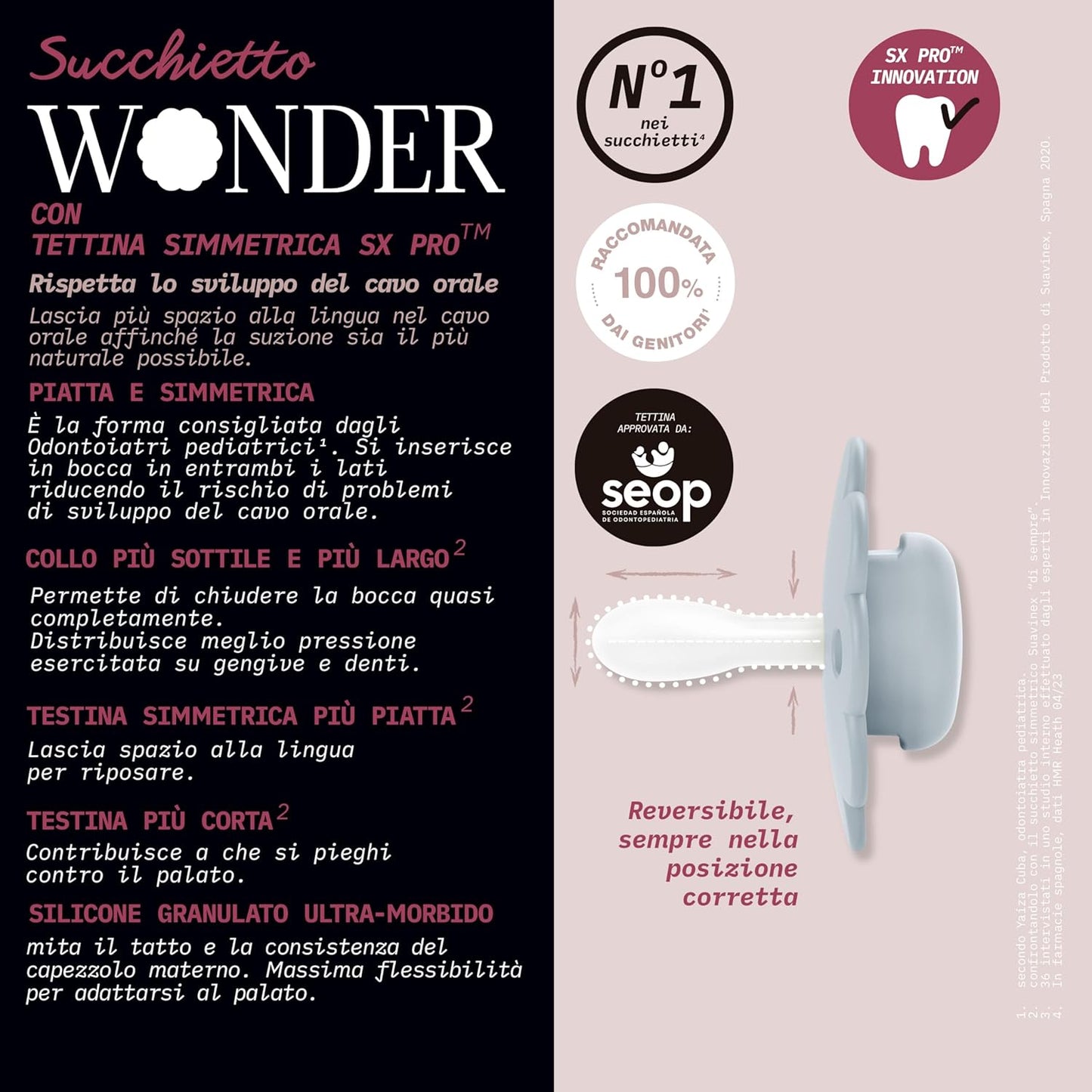 Suavinex Wonder Baby Pacifier, SX Pro Silicone Nipple, Reversible, Non Irritating Shield Design, 2 Pk Pacifiers 0-6 Months, Made in Europe, Aqua/Gray