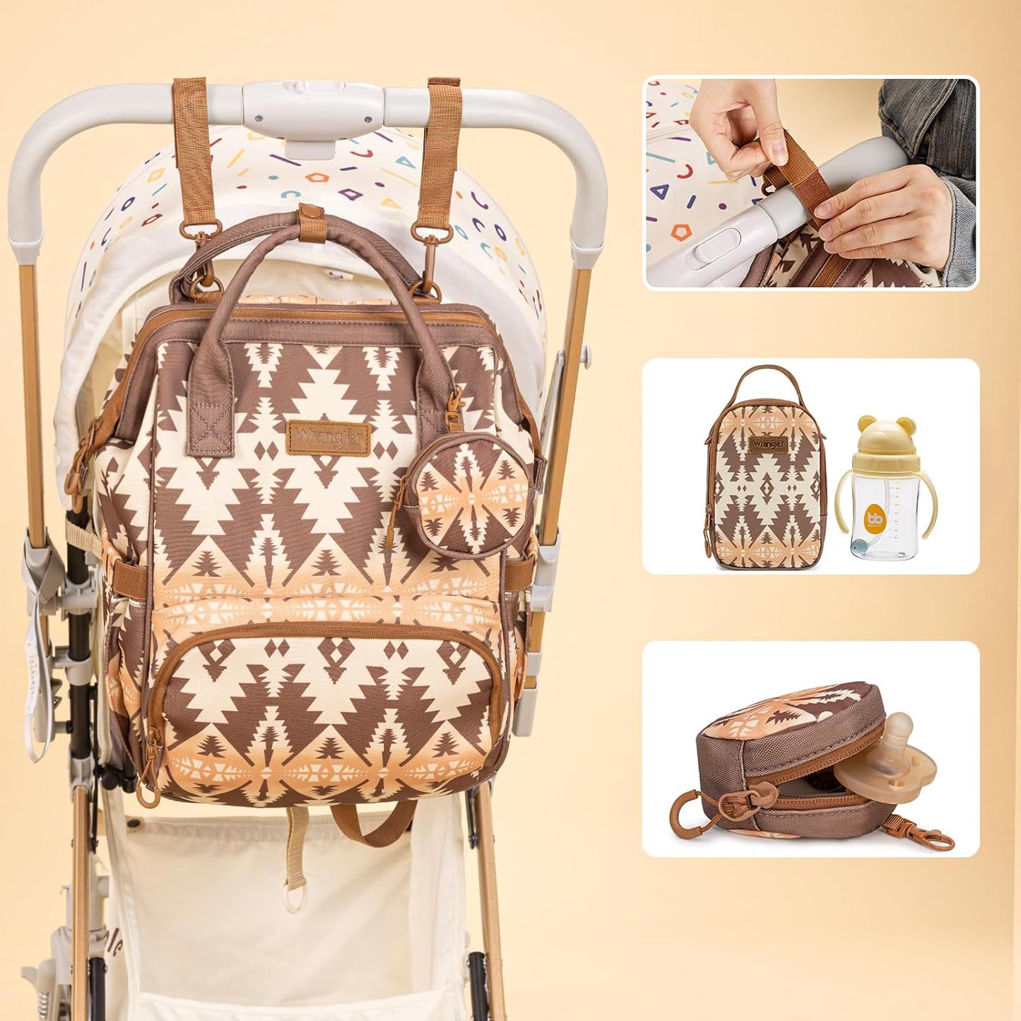 Montana West Wrangler Callie Diaper Bag Backpack with Pacifier Case, Crossbody Bottle Bag and Stroller Straps Western Pattern Multifunction Baby Travel Bag Set WG2215-9110BR