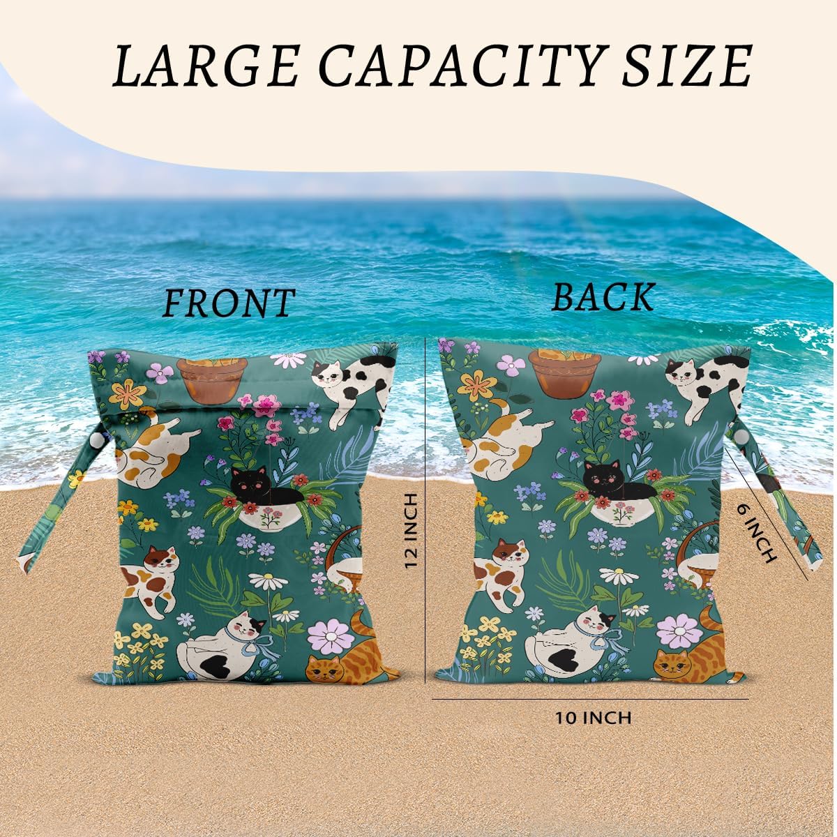 Cat Wet Bags 12x10 Inch, Flowers Waterproof Wet Dry Bags, Colorful Floral Reusable Washable Travel Laundry Bag for Swimsuit Beach Diapers Dirty Yoga Gym Clothes, Cat Gifts for Women Friend Travelers