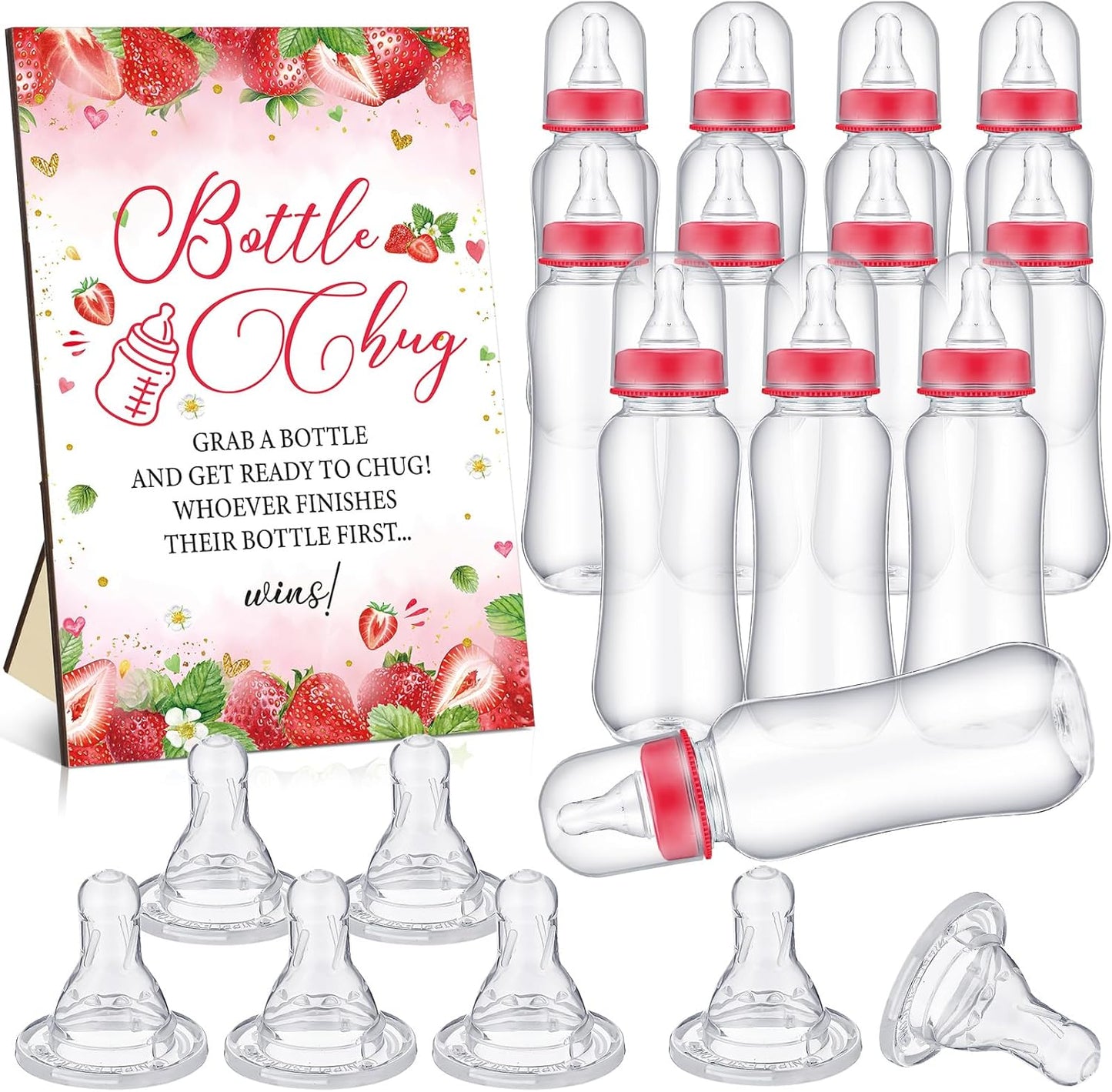 TrelaCo Cool Baby Shower Games Wooden Bottle Chug Sign Strawberry Theme Gift Sets and 12 Pcs Baby Bottle Shower Favor for Rustic Kraft Games Gender Reveal