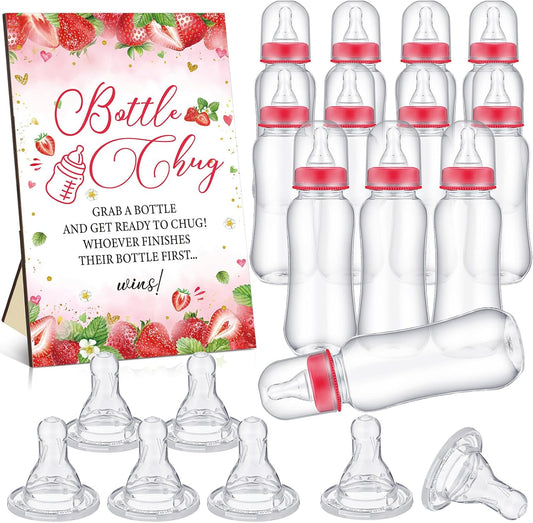 TrelaCo Cool Baby Shower Games Wooden Bottle Chug Sign Strawberry Theme Gift Sets and 12 Pcs Baby Bottle Shower Favor for Rustic Kraft Games Gender Reveal