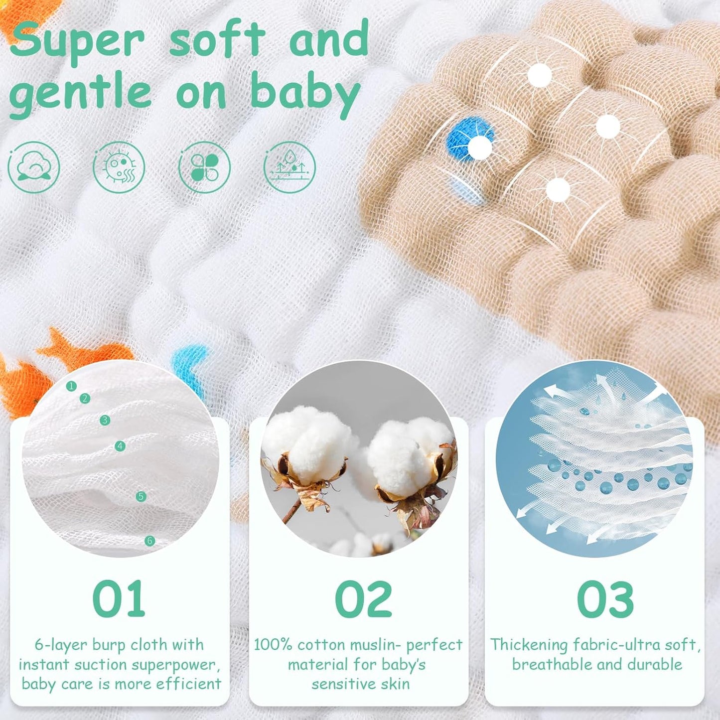 Looxii Muslin Burp Cloths 100% Cotton Muslin Cloths Large 20''x10'' Extra Soft and Absorbent 6 Pack Baby Burping Cloth (Whale)