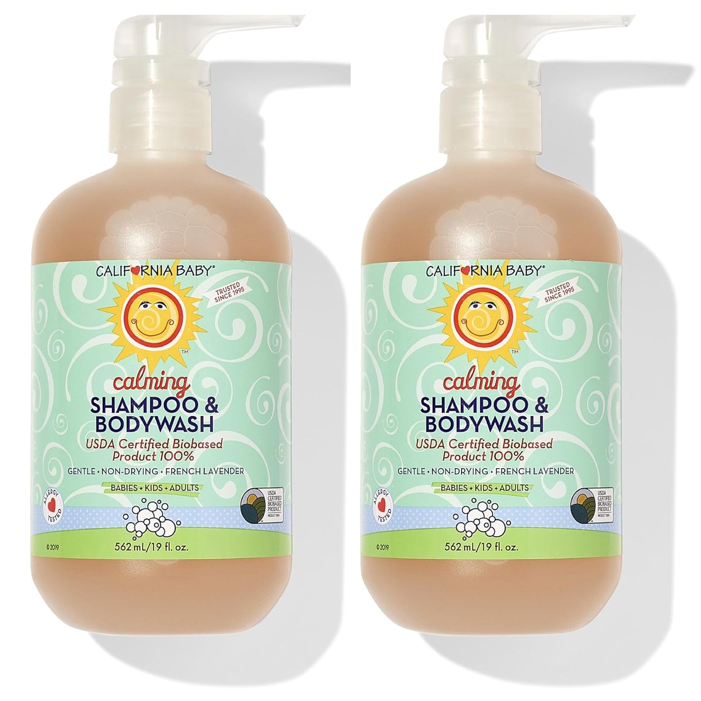 California Baby Calming Baby Shampoo + Baby Wash | 100% Plant-Based | Lavender Body Wash For Sensitive Skin | Hypoallergenic | 562 mL / 19 oz (2-Pack)