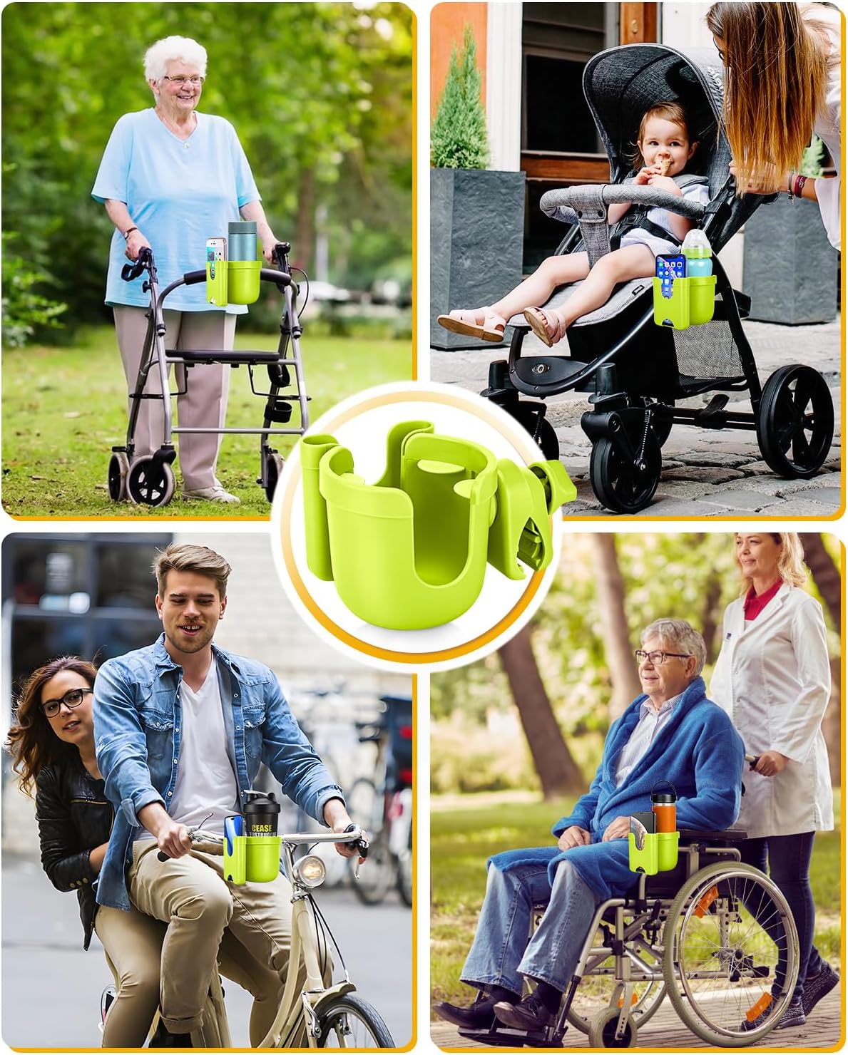 Universal Stroller Cup Holder with Mobile Phone Case, 2-in-1 Strollers Storage Rack, 360 Degrees Rotation Drink Holder for Bike, Pushchair, Wheelchair, Walker,Bicycle, Fits Most Cups (Green)