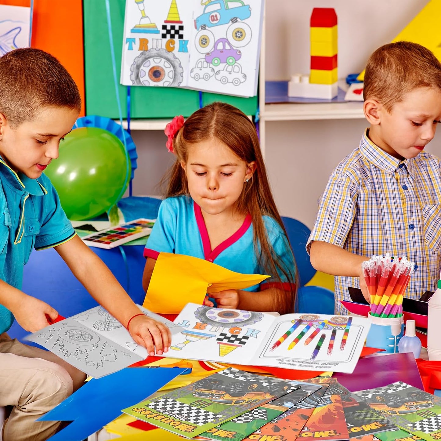 BenLouis 12 Monster Truck Mini Coloring Books Kids with 12 Stacking Crayons Car wheels Party Favors Small Activity Books Bulk for Kids Monster Truck Party Gift Goodie Bag Stuffers