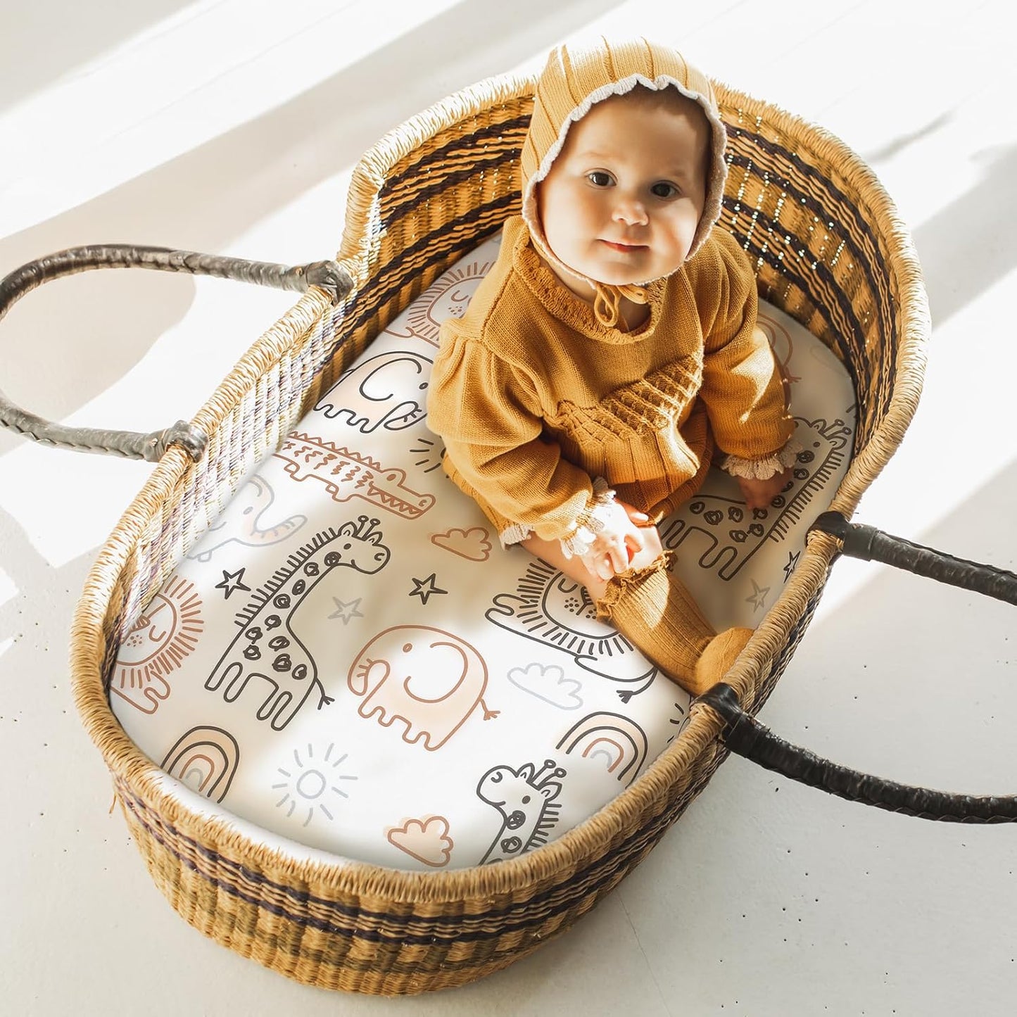 Yoofoss Bassinet Sheets Baby Girl Boy, Fitted Bassinet Sheet Set 2 Pack Universal Fit for Cradle Moses Basket Oval Rectangle Round Hourglass Mattress,Soft Breathable (Brown+Giraffe)