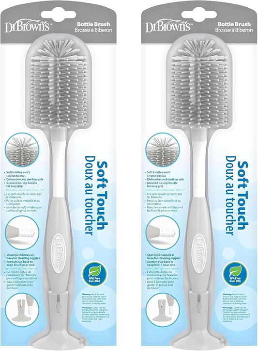 Dr. Brown's Soft Touch No Scratch Baby Bottle Cleaning Brush, Nipple Cleaner & Suction Cup Base for Easy Storage, BPA Free, Gray (Pack of 2)