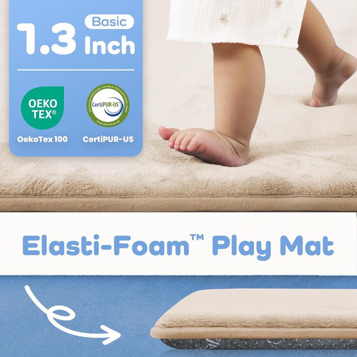 1.3" Thick Baby Floor Play Mat 50x50, Basic Padded Foam Mat for Tummy Time Crawling, Non Slip Cushioned for Babies Toddlers Infants Kids (Beige)