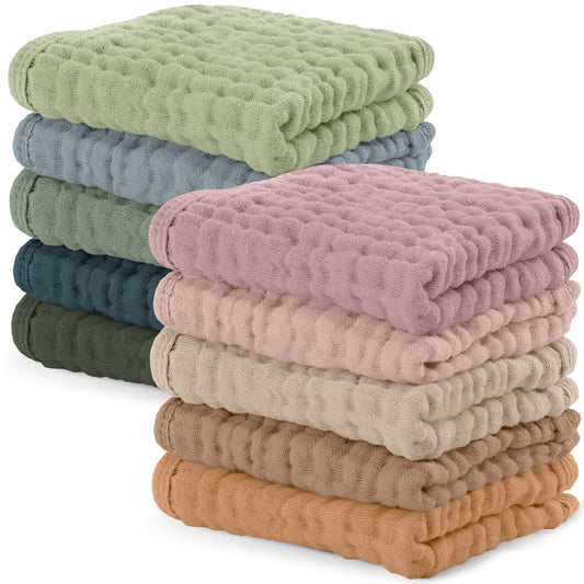 Comfy Cubs Muslin Baby Washcloths 10 Pack - Soft 6-Layer Cotton Wash Cloths for Sensitive Skin - 10"x10" Large, Gentle, Absorbent Infant Essentials for Newborn and Toddlers - Multicolor