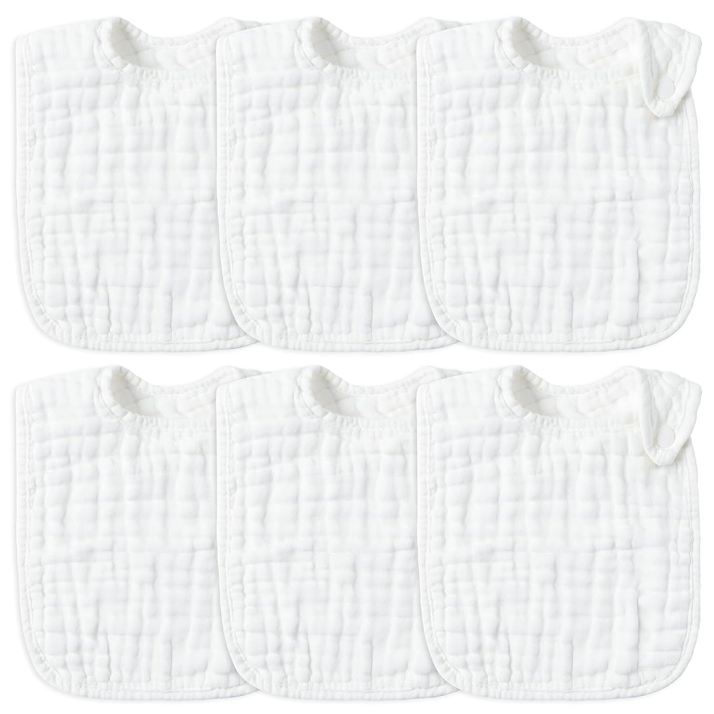 Zainpe 6Pcs Snap Muslin Cotton Baby Bibs White Adjustable Drool Bib with 6 Absorbent Soft Layers, Machine Washable Unisex Burp Cloths for 3 to 36 Months Boys Girls Infant Newborn Toddler