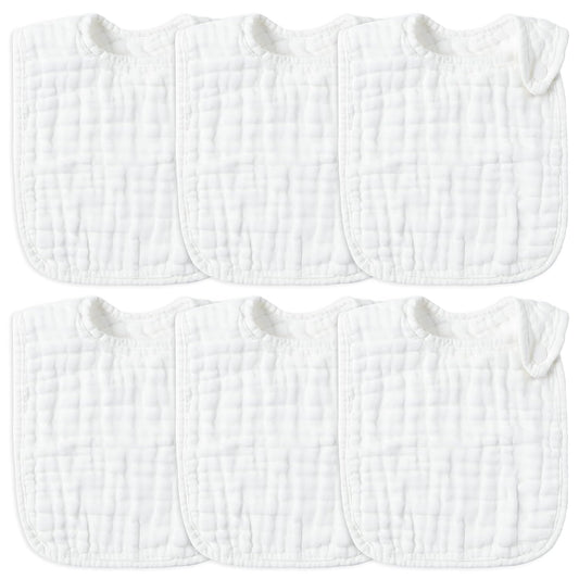 Zainpe 6Pcs Snap Muslin Cotton Baby Bibs White Adjustable Drool Bib with 6 Absorbent Soft Layers, Machine Washable Unisex Burp Cloths for 3 to 36 Months Boys Girls Infant Newborn Toddler