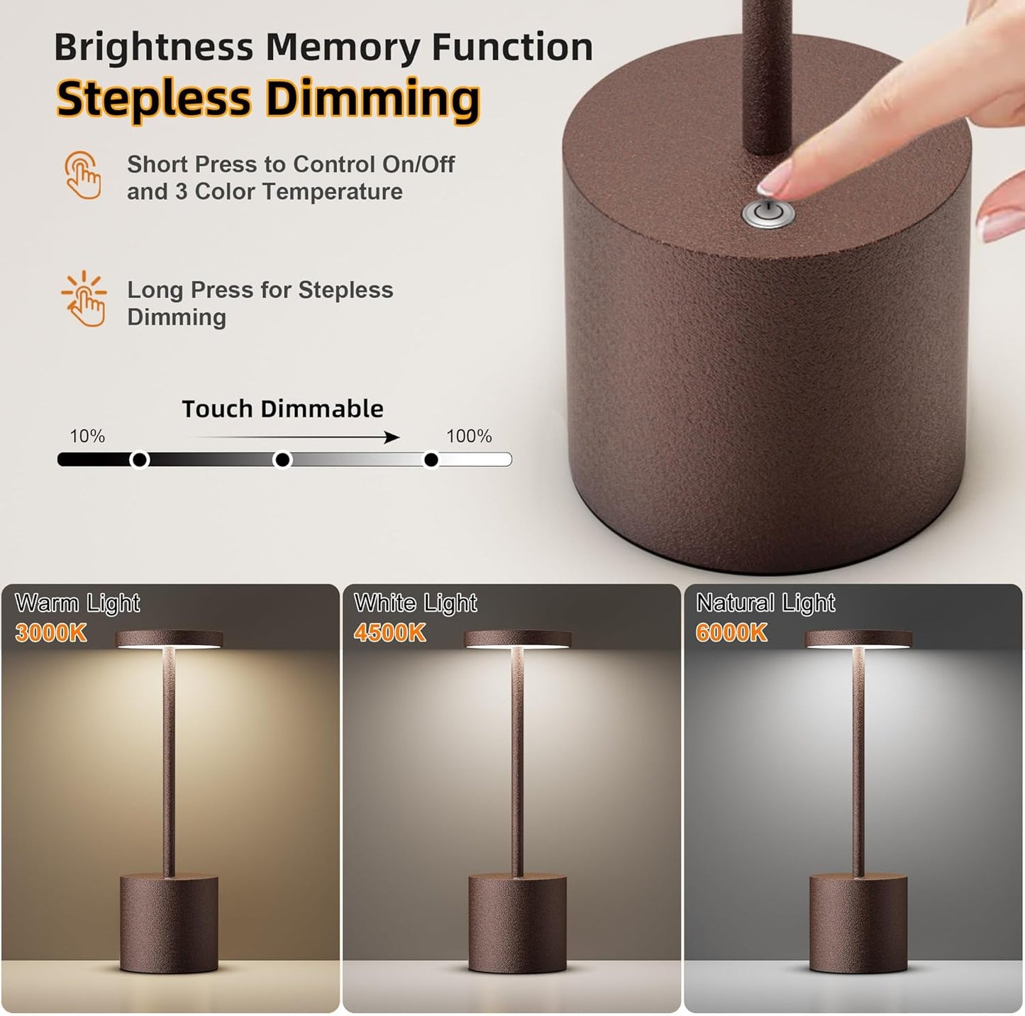 Cordless Table Lamps Rechargeable - Outdoor Portable LED Table Light 5000mAh Battery Operated Lamp 3 Color Stepless Dimming with Memory Function for Restaurant Dining Patio 2Pack Rust