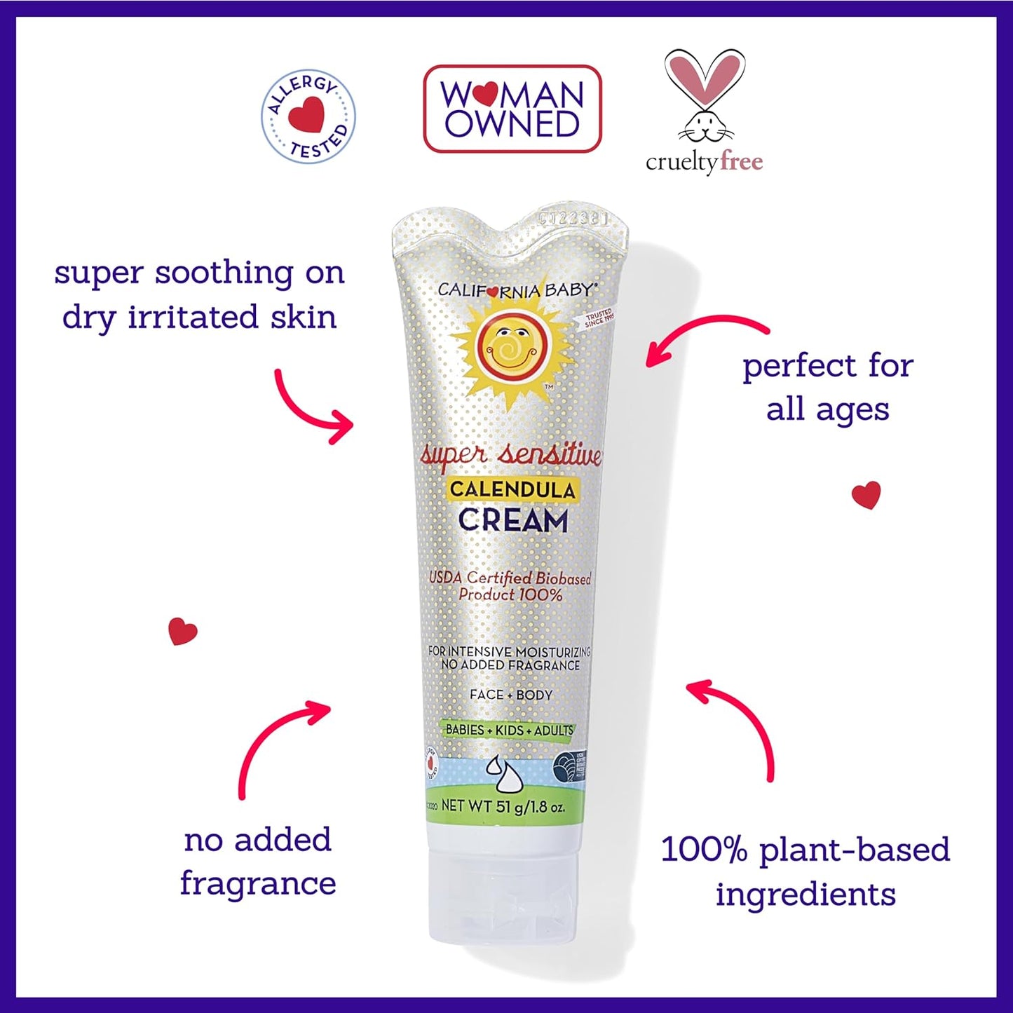 California Baby Calendula Cream (Unscented) | 100% Plant-Based Moisturizer | Soothing Unscented Baby Lotion | Hypoallergenic Lotion | 1.8 oz / 51g