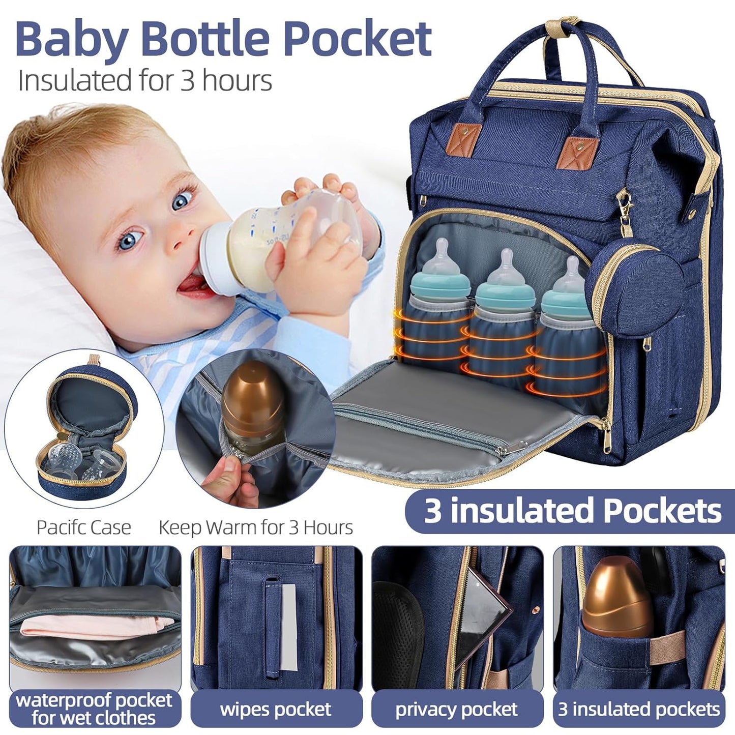 Baby Diaper Bag Backpack,Baby Shower Gifts, Multifunctional Travel Diaper Bag, Gifts for Mom with Portable Diaper Pad (Blue)