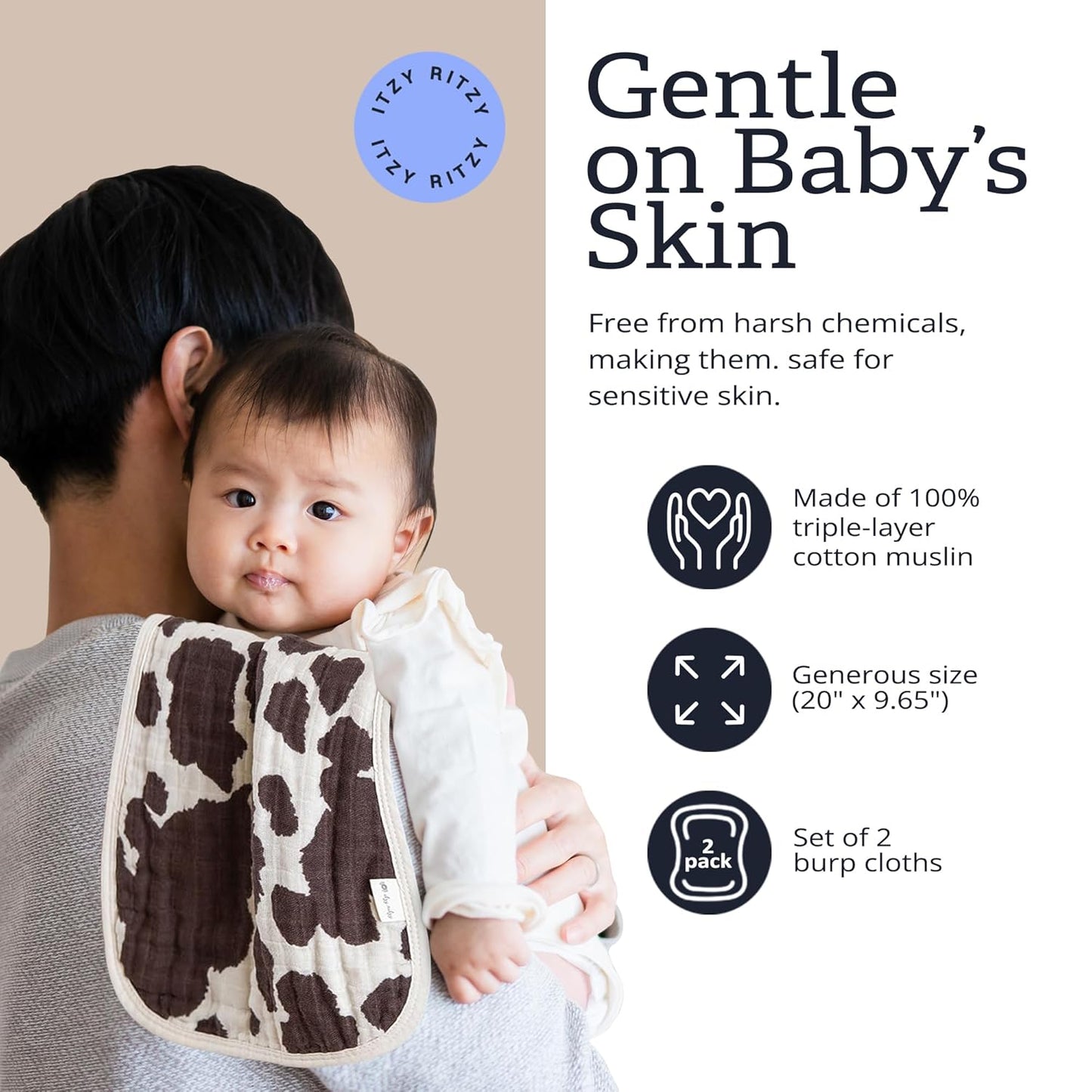 Itzy Ritzy Set of 2 Baby Burp Cloths – Ultra-Soft Absorbent Burping Cloths for Babies - Made of 100% Cotton Muslin and Generously Sized with Trendy Coordinating Prints – Machine Washable (Cow Print)