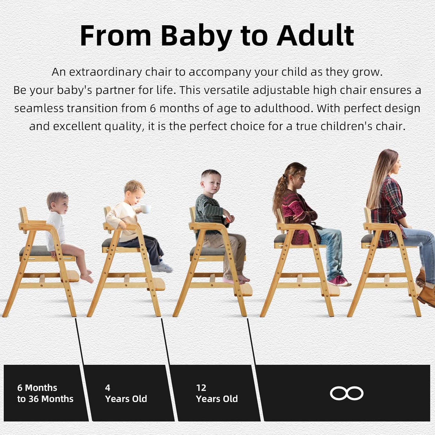 Solid Wood High Chair for Babies&Toddlers, Baby Highchair, Adjustable HighChair for Babies/Toddlers with Removable Cushion, Children Kids Dining Chair, Teens Study Chair with Steps (Natural)