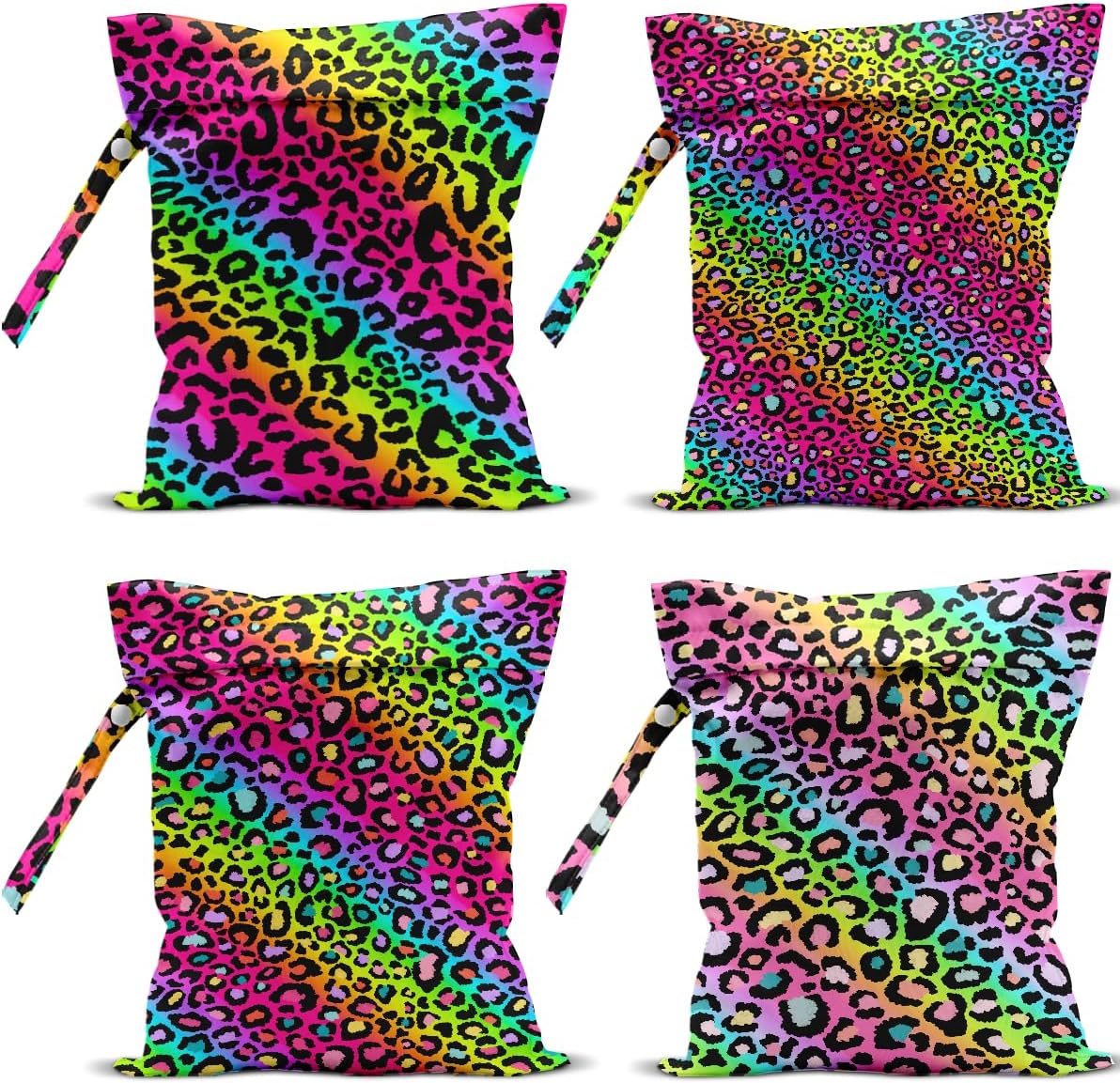 4 Pack Colorful Rainbow Neon Leopard Wet Bag Waterproof Washable Reusable Wet Dry Bag for Swimsuit Clothes Cloth Diaper Travel Beach Pool Yoga Gym Toiletries Gift for Women Friend Birthday Christmas