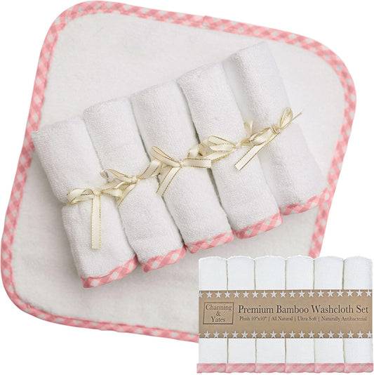 Channing & Yates Premium Boutique Baby Washcloths - (6-Pack) Organic Viscose Made from Bamboo Wash Cloths 2X Thick & Soft - Helps Eczema - Adult Face Washcloths - (Pink on White)