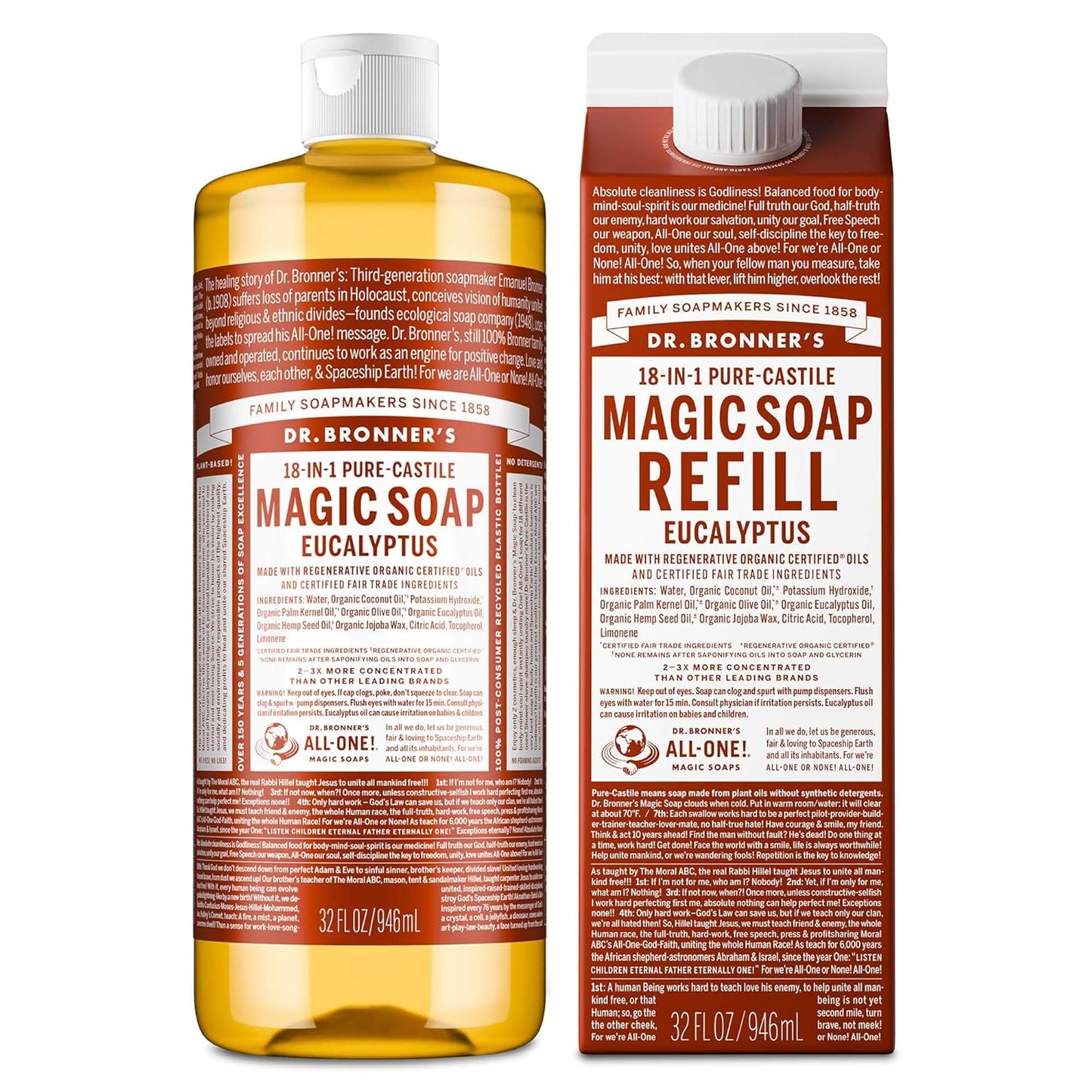 Dr. Bronner's Pure-Castile Liquid Magic Soap Bottle & Refill Carton - Made with Regenerative Organic Certified Oils- 18-in-1 Uses for Face, Body Wash, Hand Soap Refill- Eucalyptus, 32oz + Refill