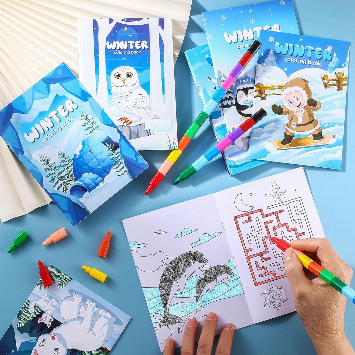 BenLouis 12 Winter Mini Coloring Books Kids with 12 Stacking Crayons Polar Animals Party Favors Small Activity Books Bulk for Kids Winter Holiday Party Gift Goodie Bag Stuffers