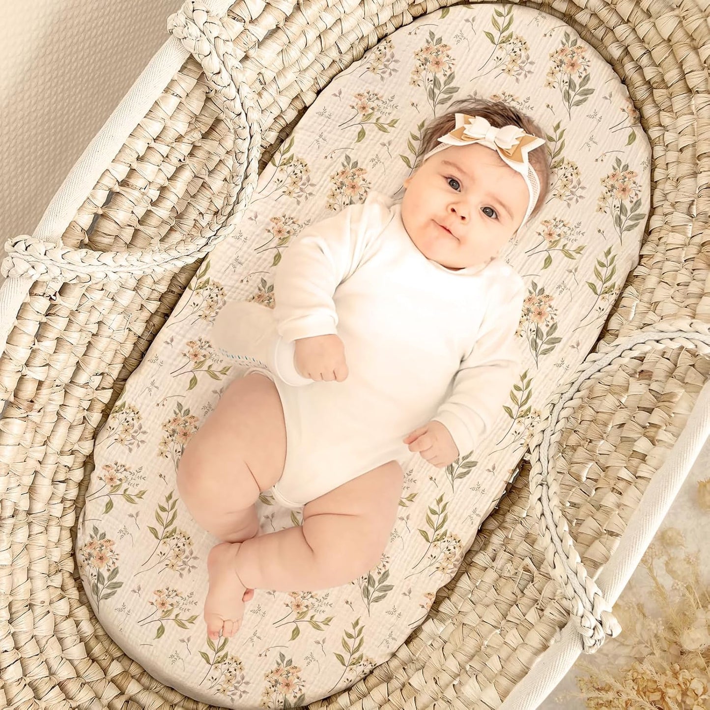 lulumoon Baby Bassinet Sheets Muslin: Soft Fitted Bassinet Sheets Floral for Girls - Fit for Oval Rectangle or Hourglass Mattress