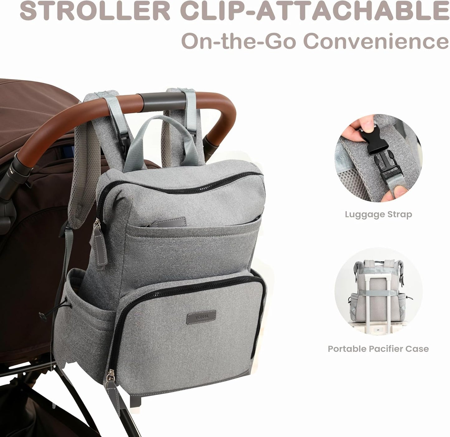 VONAL Neoprene Diaper Bag Backpack with Changing Pad, 33L Large Capacity Neoprene Backpack Baby Diaper Bag with Insulated Pockets, Travel Diaper Backpack Baby with 12 Pockets for Mom & Dad, Gray