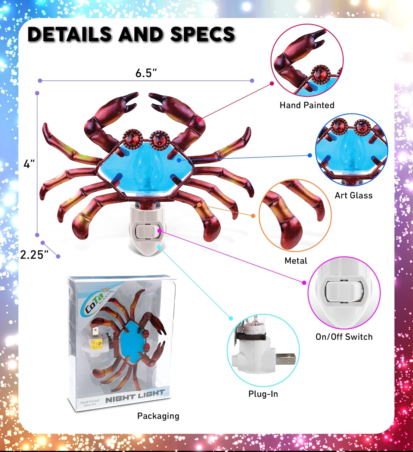 Puzzled Glass Art Night Light, Plug in Decorative Socket Lamp, Manual On & Off Portable Lights for Stairway, Bedroom, Bathroom, Nursery, Home Accessory & Kitchen Decor - Crab