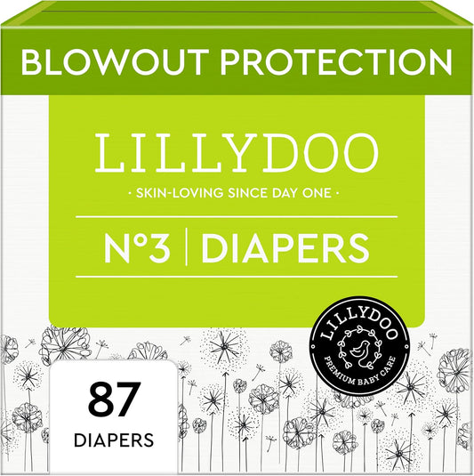 LILLYDOO Baby Diapers - Size 3 (13-22 lbs), Half-Monthly Supply (87 Count), Leak Protection, Skin-Friendly, Ultrasoft, Perfume- & Chlorine-Free, Hypoallergenic, Dermatologist Tested, Oeko-TEX®