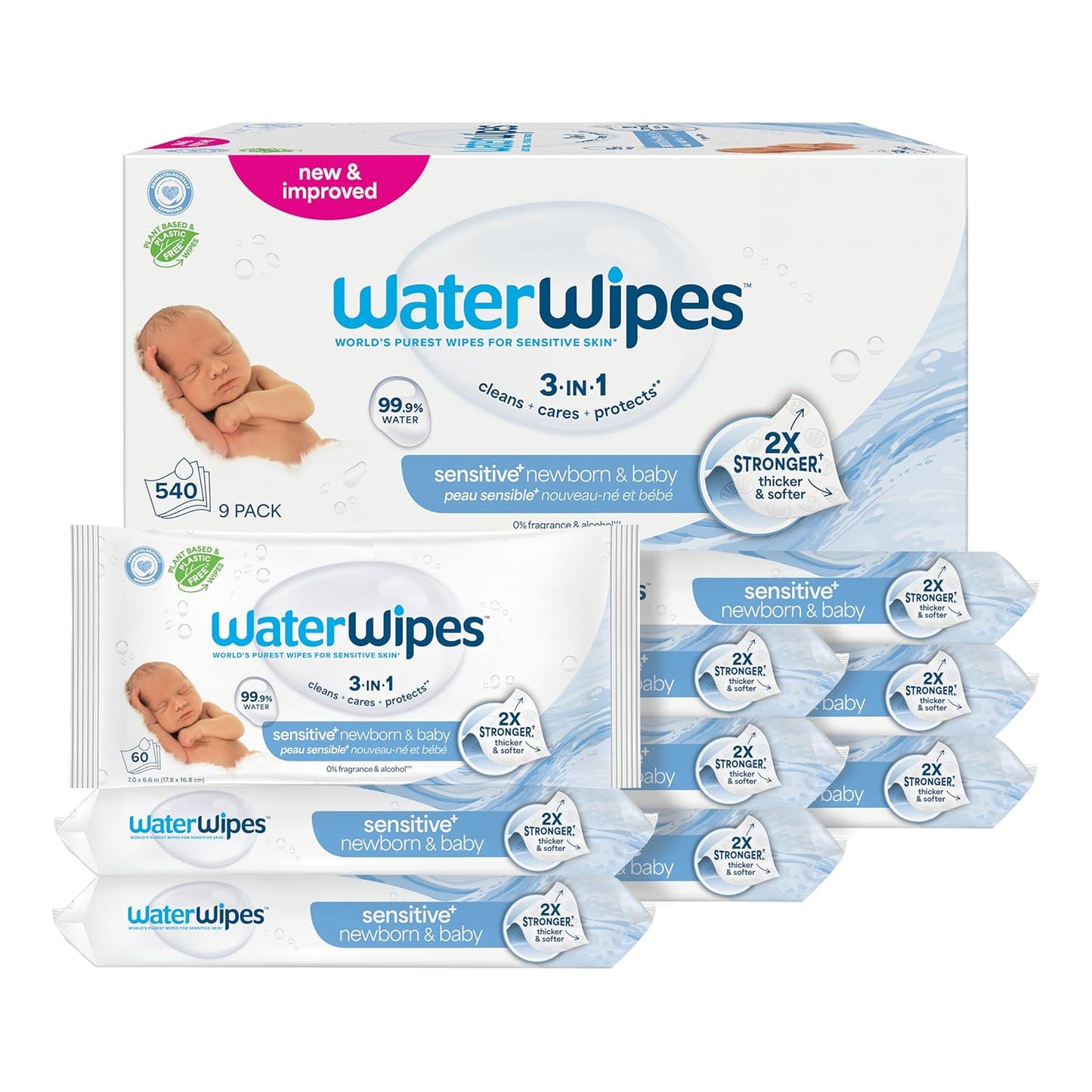 WaterWipes Sensitive+ Newborn & Baby Wipes, 3-In-1 Cleans, Cares, Protects, 99.9% Water, Unscented & Hypoallergenic, 540 Count (9 Packs)