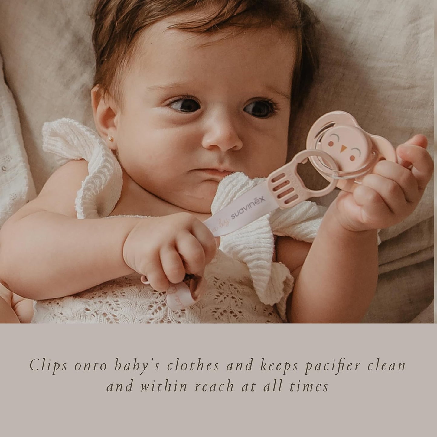Suavinex Bonhomia Premium Baby Pacifier Clip with Ribbon, Stylish Binky Clips with Double Sided Design, Baby Accessories, Baby Essentials (0mo+), Beige