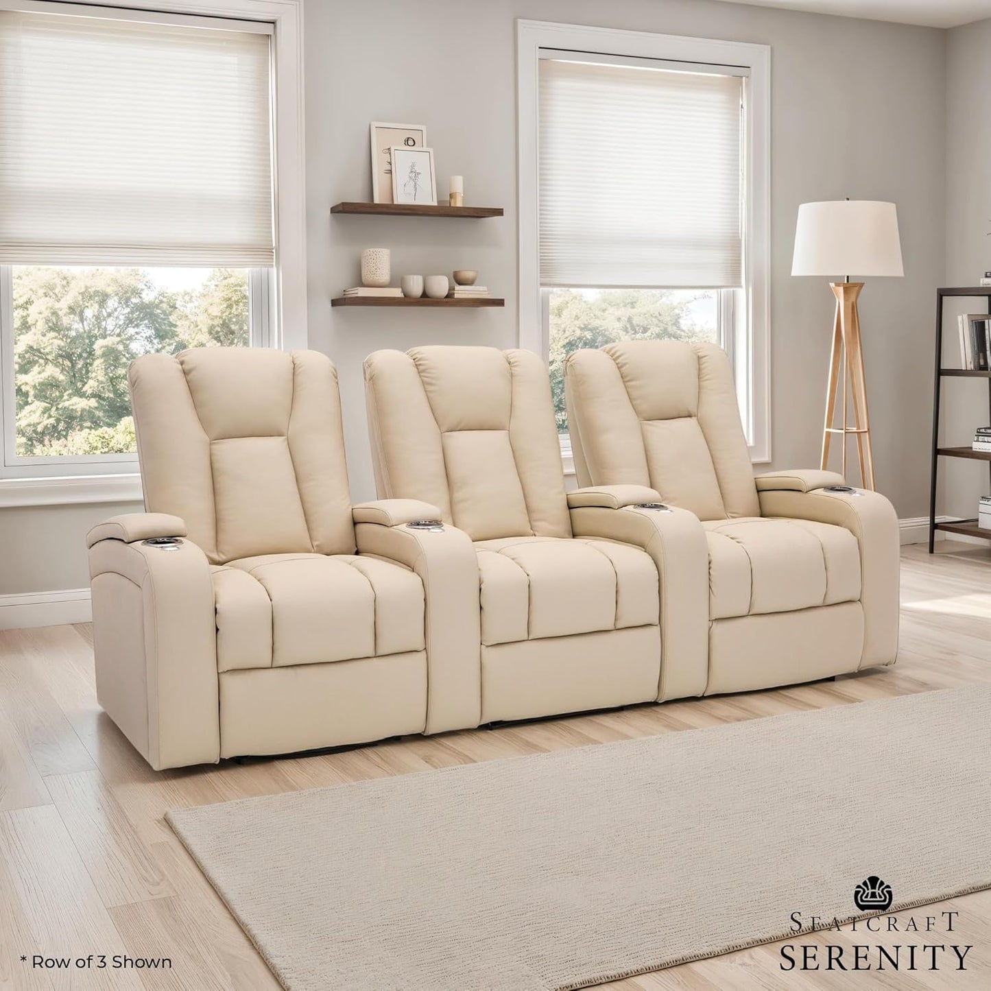 Seatcraft Serenity Leather Home Theater Seating - Living Room - Power Recline - Tray Tables - in-Arm Storage - Ambient Base Lighting and Lighted Cupholders (Row of 2, Cream)