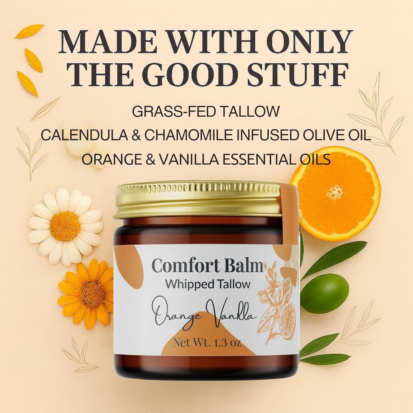 Whipped Tallow Balm – 100% Grass Fed Beef Tallow for Baby, Eczema & Sensitive Skin; Gentle Family Moisturizer for Dryness (Orange Vanilla)