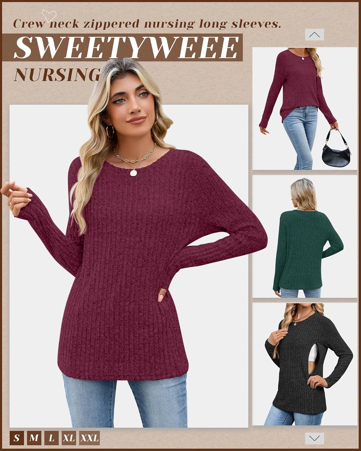3 Pack Women's Nursing Long Sleeve Tops Breastfeeding Thermal Sweaters with Hidden Zipper Maternity Ribbed Shirts