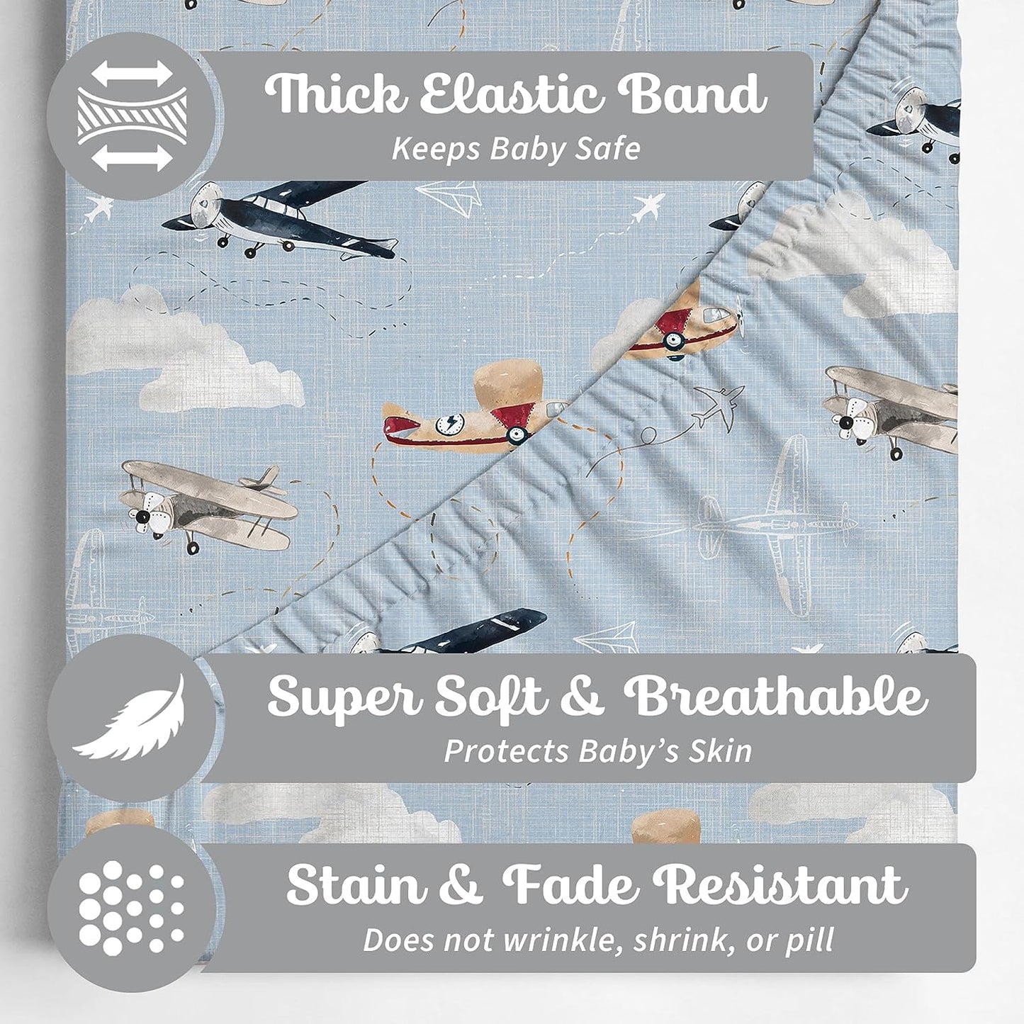 Baby Changing Pad Cover 2-Pack for Boys, Girls (Watercolor Airplanes and Clouds) - Premium Fitted Sheets Baby Diaper Changing Table Cover - Buttery Soft Cotton Blend