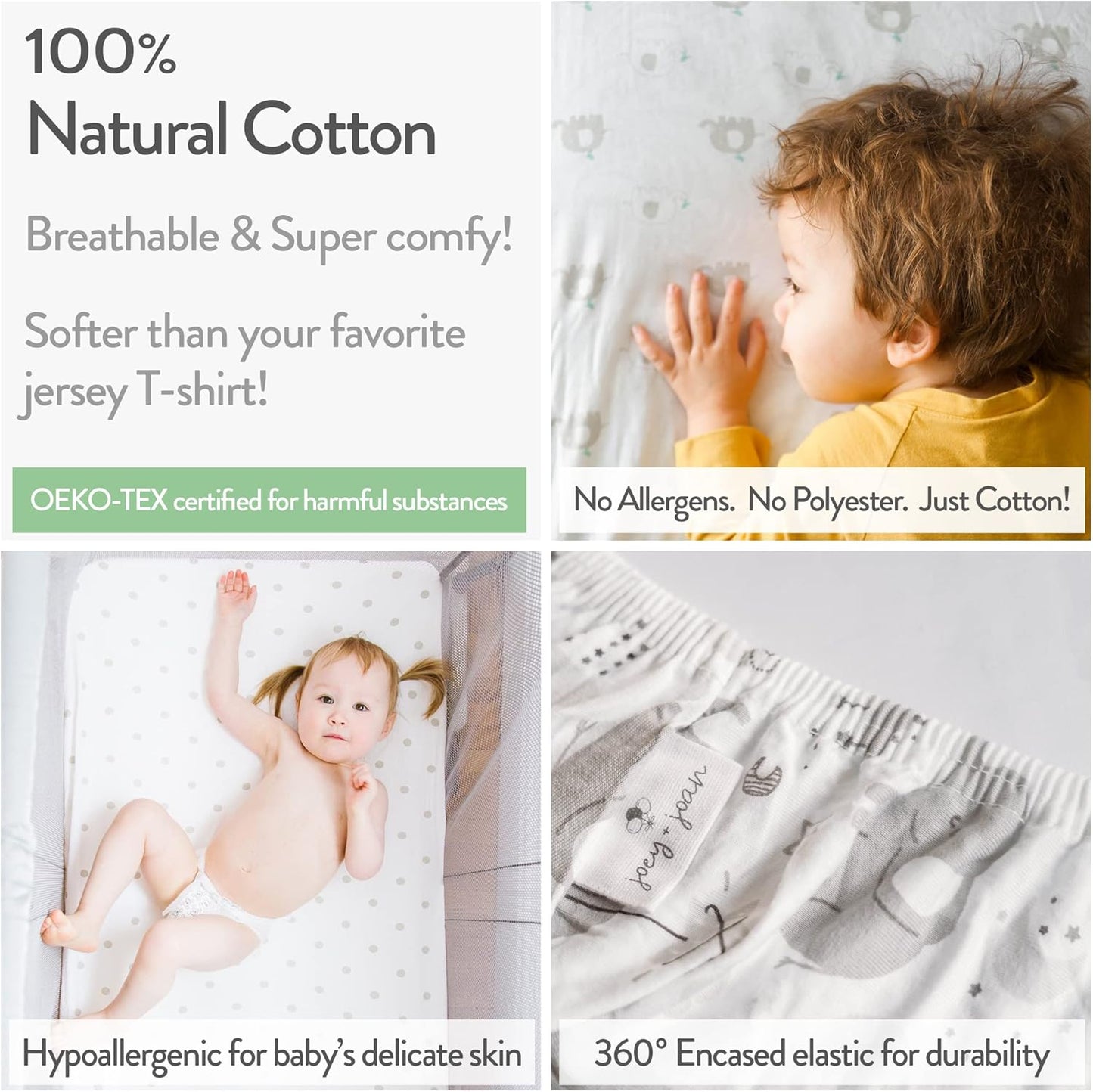 Joey + Joan Bassinet Fitted Sheets 19" x 32" for Cowiewie Bedside Sleeper Bassinet Mattress Pad – Snuggly Soft 100% Jersey Cotton – Grey Stripes, Sheep – 2 Pack