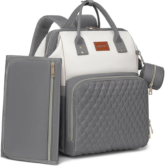 Baby Diaper Bag Backpack with Changing Pad, Pacifier Case, for Boy Girl Toddler - Large, Stylish, Waterproof Travel Quilted Diaper Bag for Mom - Gray/White