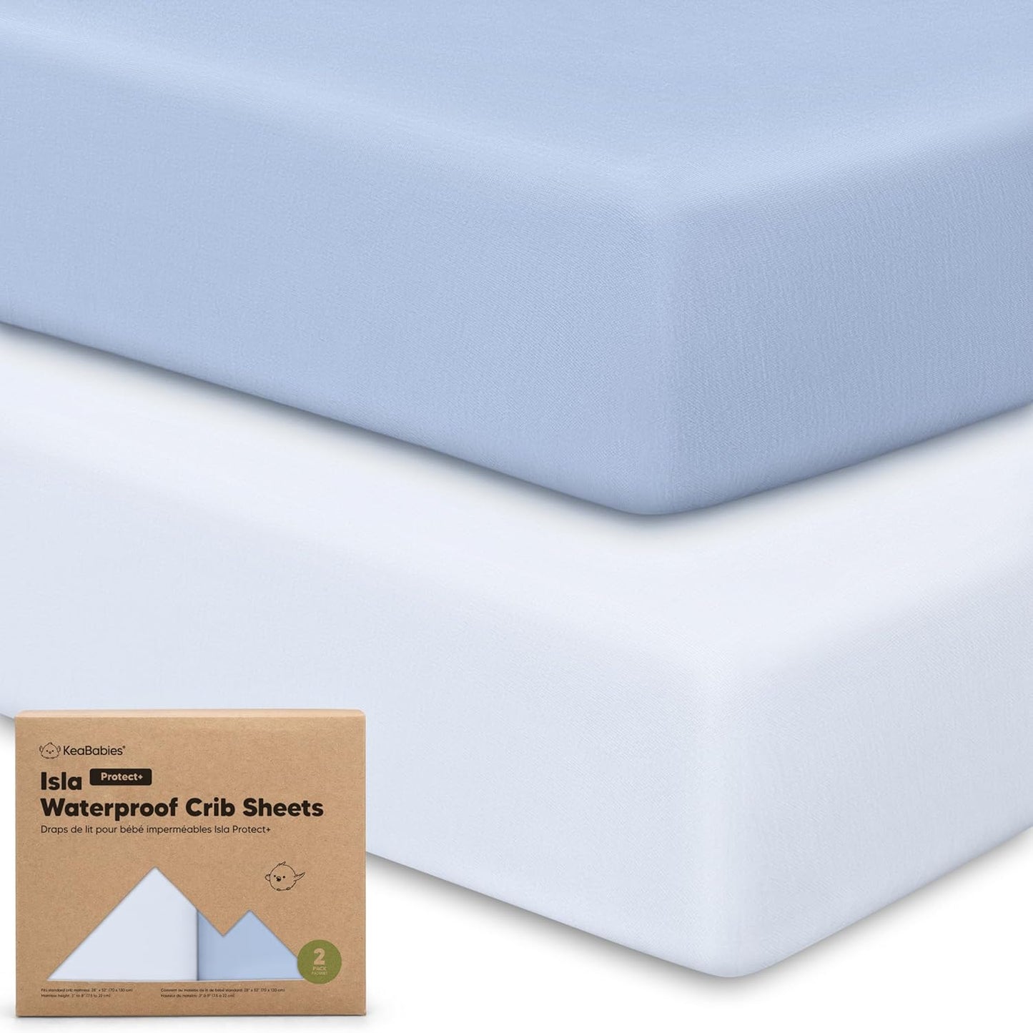 2-Pack Waterproof Baby Crib Sheets for Boys, Girls - 52x28 Viscose Derived from Bamboo Toddler Bed Sheet Neutral, Fitted Crib Mattress Protector Cover for Baby Bedding, Soft & Gentle (Blue Flax)