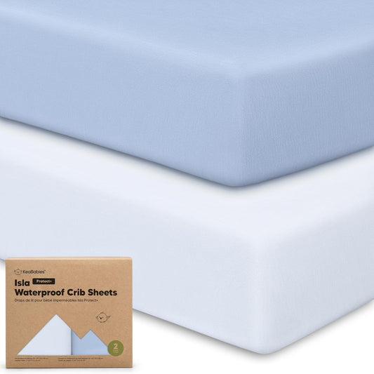 2-Pack Waterproof Baby Crib Sheets for Boys, Girls - 52x28 Viscose Derived from Bamboo Toddler Bed Sheet Neutral, Fitted Crib Mattress Protector Cover for Baby Bedding, Soft & Gentle (Blue Flax)