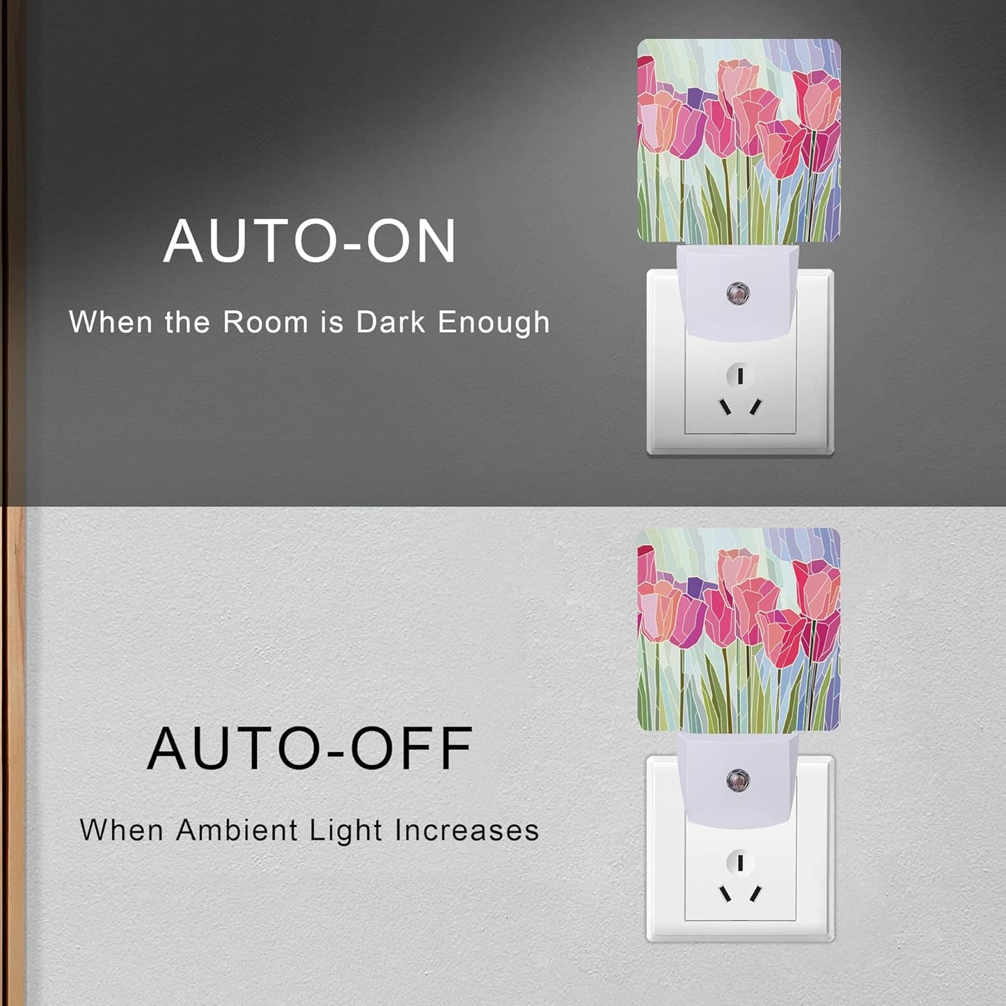 Pink Tulip Flowers Night Light Plug-in LED Nightlights Auto Sensor Night Lamp Dusk-to-Dawn Lamp Home Decor for Nursery Children Girls Boys