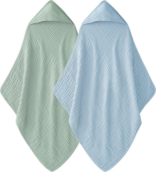 Hooded Baby Towels for Newborn - 2 Pack, 100% Muslin Cotton, Baby Bath Towels with Hood, Soft and Absorbent for Boys, Girls Infant, Toddler and Kids, Large 32x32 Inches, Newborn Essential