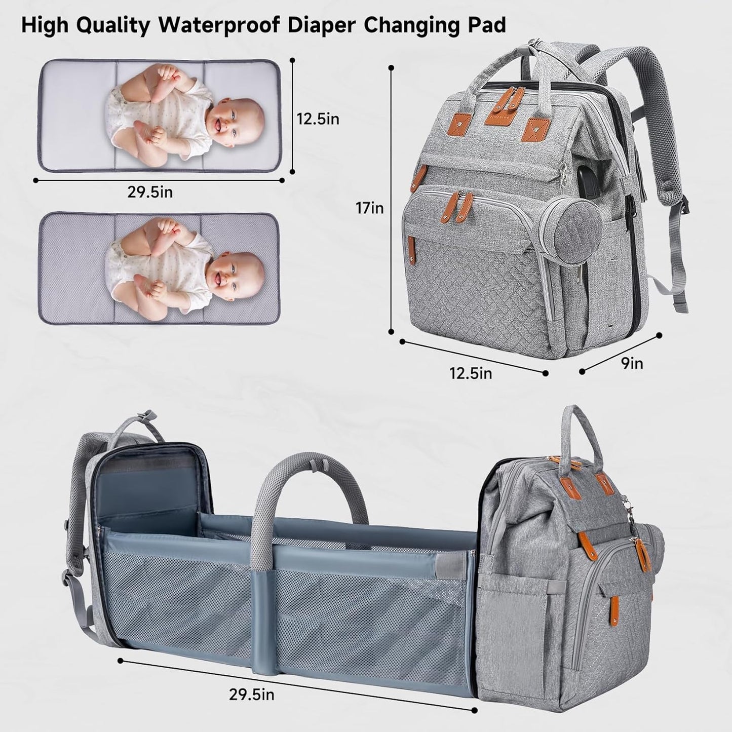Baby Diaper Bags with Changing Station, Large Capacity Diaper Bag Backpack for Moms Dads with USB Charging Port,Travel Baby Bag with Pacifier Case & Stroller Straps(Up-Grey)