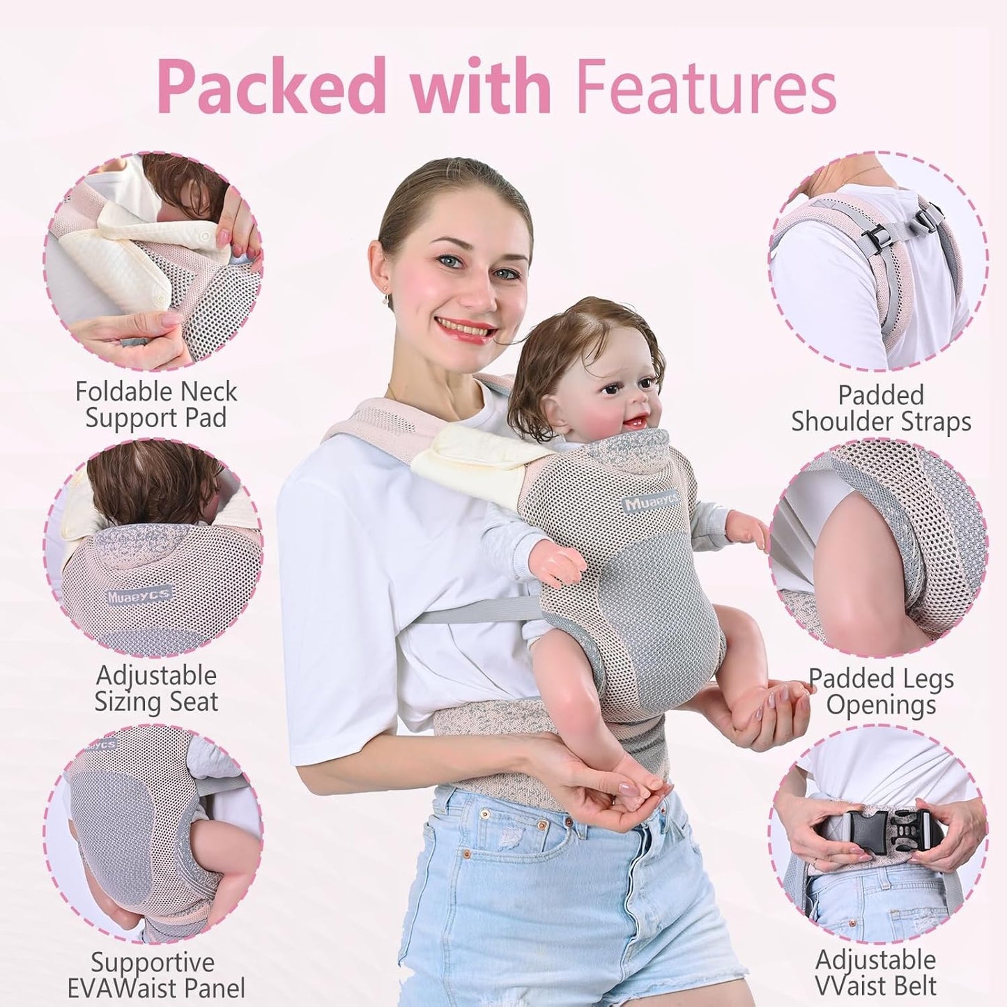 Baby Carrier Newborn to Toddler, Ergonomic, Breathable and Lightweight Newborn Carrier, Infant Carrier for 7-33 lbs, Easy Adjustable, Soft(Light Pink)