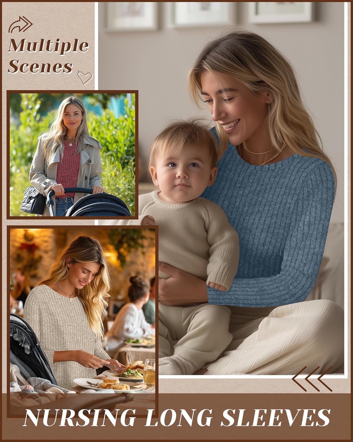 3 Pack Women's Nursing Long Sleeve Tops Breastfeeding Thermal Sweaters with Hidden Zipper Maternity Ribbed Shirts