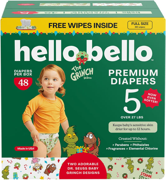 Hello Bello Dr. Seuss Baby Grinch Premium Diapers, Size 5 (27+ lbs), 48ct Plus Bonus Wipes: Softness & Protection for Sensitive Skin