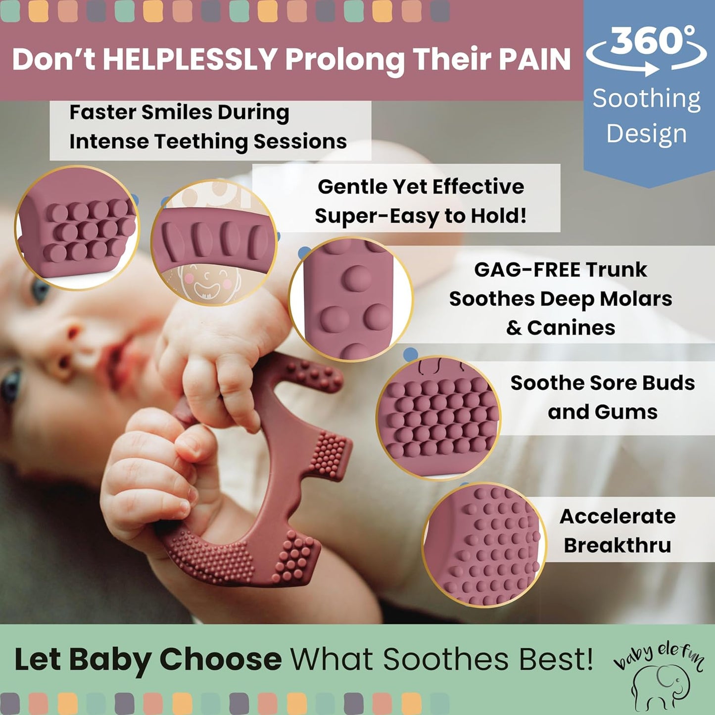 Teething Toys for Babies Age 0 to 6 Months - Baby Elefun 5X Pain Relief Smart Teether - Zero Developmental Delay Silicone Baby Teething Toy Ring - Cute Infant Shower Gift Chew Toy for Babies