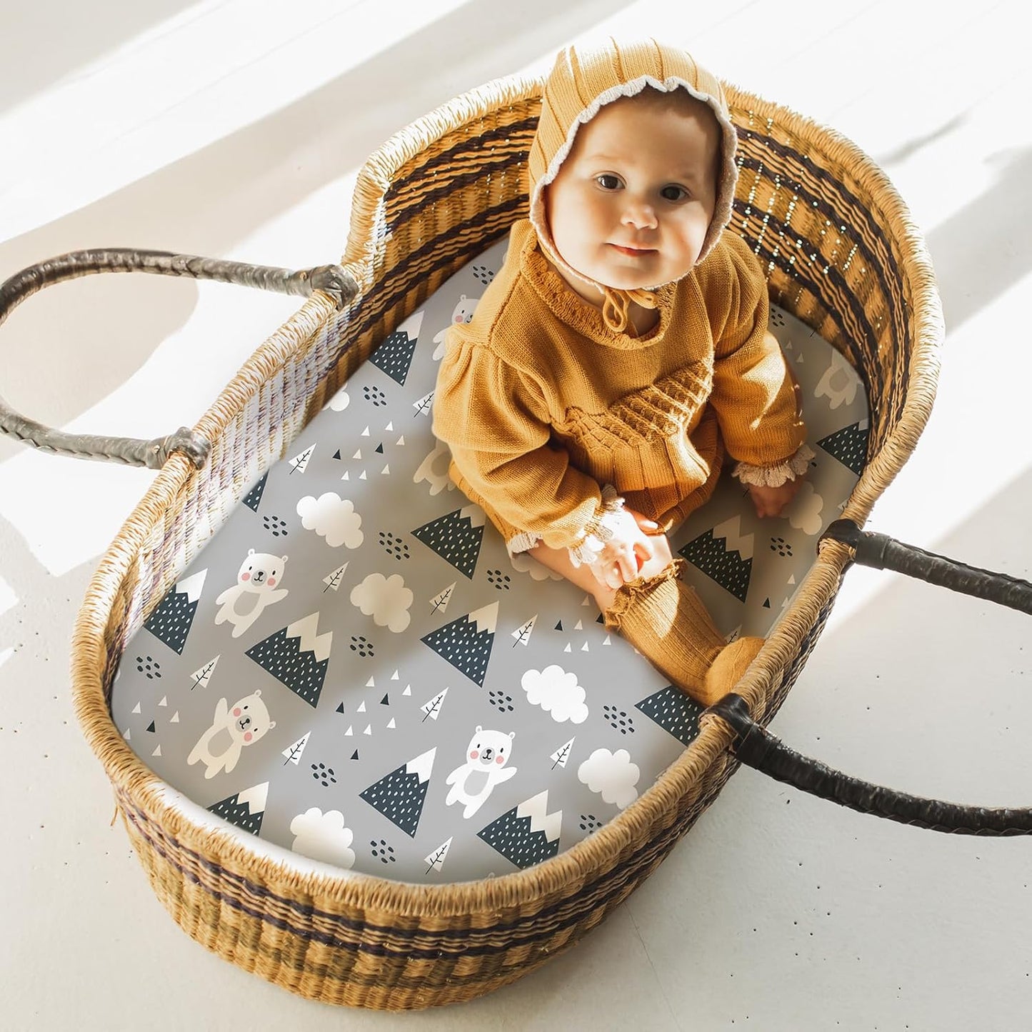 Yoofoss Bassinet Sheets for Baby,3-Pack Fitted Bassinet Sheets Set Compatible with Halo Bassinest Swivel Sleeper,Baby Delight,Angelbliss,Soft Breathable Bassinet Mattress Sheets(Grey+Bear)